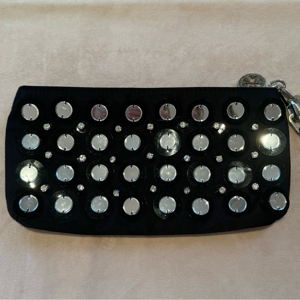 Tory Burch Black Nylon Embellished Evening Bag Wristlet w/Sequins & Rhinestones